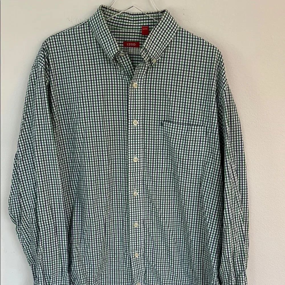IZOD Green Checkered Button Down Shirt Long Sleeve Size XL